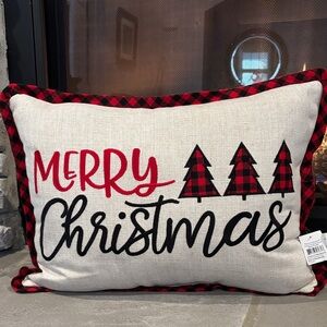 Merry Christmas Embroidered script, buffalo plaid Christmas trees/trim rectangle